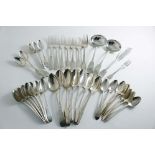 MISCELLANEOUS IRISH FLATWARE TO INCLUDE:- Seven dessert spoons, seven dessert forks, a pair of sauce