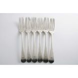 A SET OF SIX GEORGE III OLD ENGLISH PATTERN TABLE FORKS crested, by Thomas Streetin, London 1800; 11