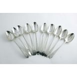 A SET OF FIVE GEORGE III IRSH DESSERT SPOONS with bright-cut borders, crested, by Michael Keating,