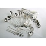 A MISCELLANEOUS LOT OF FLATWARE & CUTLERY:- A George III table spoon, three Irish dessert spoons,