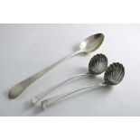 A PAIR OF GEORGE III IRISH HOOK-END SAUCE LADLES with fluted circular bowls, by Richard Williams,