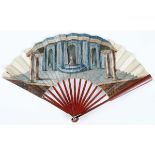 A FAN with red lacquered bamboo guards & sticks, paper leaves painted in watercolour with a stage