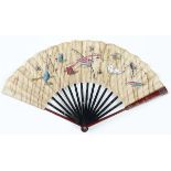 A CHINOISERIE FAN red lacquered guards with gilt decoration and mother of pearl diaper pattern,