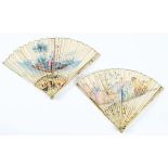 TWO 18TH CENTURY FANS one with painted ivory guards and sticks, paper leaves painted with putti