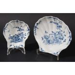 WORCESTER SHELL DISH, circa 1755-60, blue painted in the Two Peony Rock Bird pattern, workmans mark,