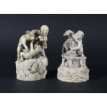 TWO JAPANESE IVORY OKIMONO, 19th century, the first carved as a man and three monkeys on a tree