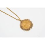 A GOLD SOVEREIGN 1879, in a 9ct. gold pendant mount and on a 9ct. gold chain, total weight 19.0