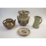 MICK CASSON (1925-2003) a large stoneware salt glazed 2 handled storage pot, and a celadon glazed