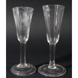 TWO ALE GLASSES, late 18th century, one bowl with engraved hops and barley, on plain stems and