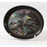 CHINESE LAC BURGAUTE OVAL DISH OR SMALL TRAY, the lacquer inlaid with mother of pearl with a scene