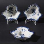 SET OF SIX WORCESTER LEAF SHAPED PICKLE DISHES, circa 1770, blue painted in the gilliflower pattern,