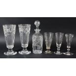 PAIR OF ALE GLASSES, early/mid 19th century, engraved with hops above a faceted base, short stem and