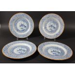 SET OF FOUR DUTCH DELFT PLATES, later 18th century, painted with two ducks before a building