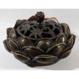 CHINESE BRONZE LOTUS CENSER, the flowerhead body with a scrolling, pierced cover, Qianlong four