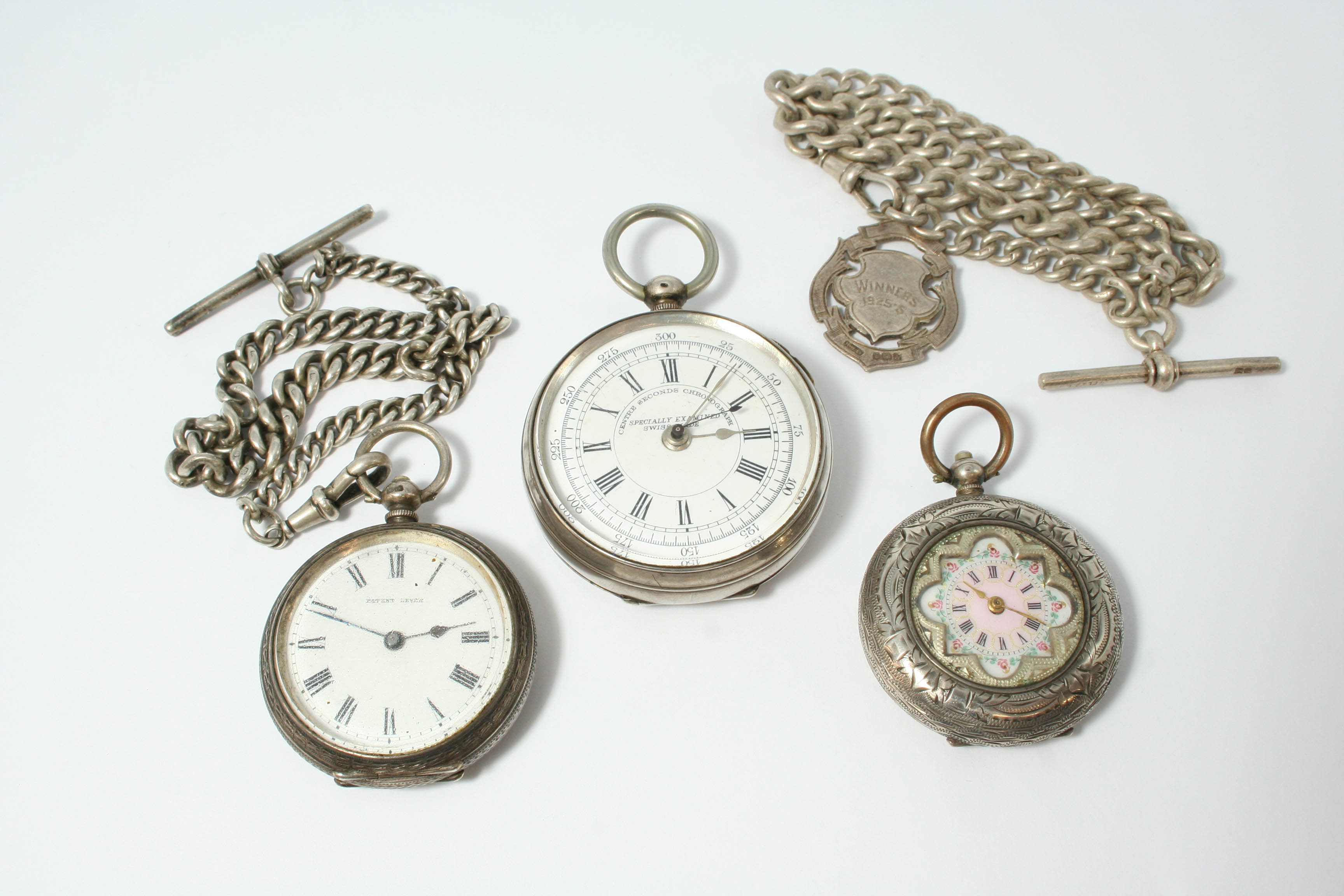 A SWISS SILVER OPEN FACED CENTRE SECONDS CHRONOGRAPH POCKET WATCH white enamel dial, with engine