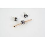 A PAIR OF SAPPHIRE AND DIAMOND CLUSTER STUD EARRINGS of flowerhead form, each set with circular-