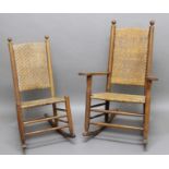 TWO AMERICAN SHAKER ROCKING CHAIRS including an oak rocking chair with flared arms and woven seat