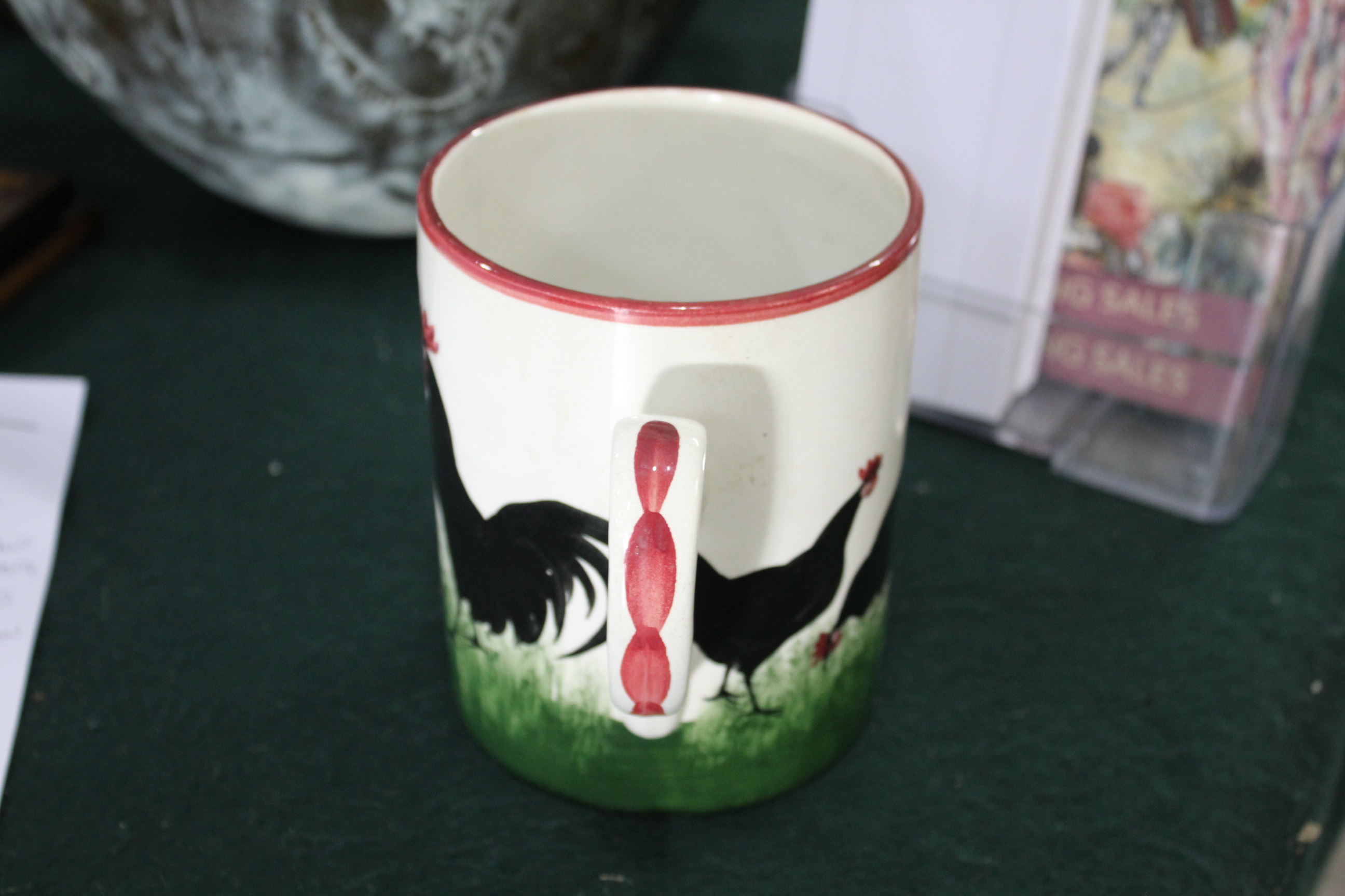 WEMYSS COCKEREL TANKARD a large tankard painted with a band of various Chickens, and with a red - Image 6 of 9