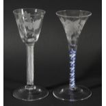 ENGLISH JACOBITE STYLE WINE GLASS, the trumpet shaped bowl engraved with a rose and moth on a blue