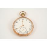 A 9CT. GOLD OPEN FACED POCKET WATCH the white enamel dial with Roman numerals and subsidiary seconds