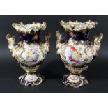 PAIR OF COALPORT ROCOCO VASES, mid 19th century, painted with flowers on a cobalt and tooled gilt