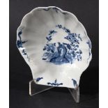 WORCESTER SHELL SHAPED DISH, circa 1770, blue printed in the Two Peony Rock Bird pattern, workman'