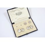A CASED SET OF MOTHER OF PEARL AND GOLD CUFFLINKS AND BUTTONS comprising a pair of cufflinks and two