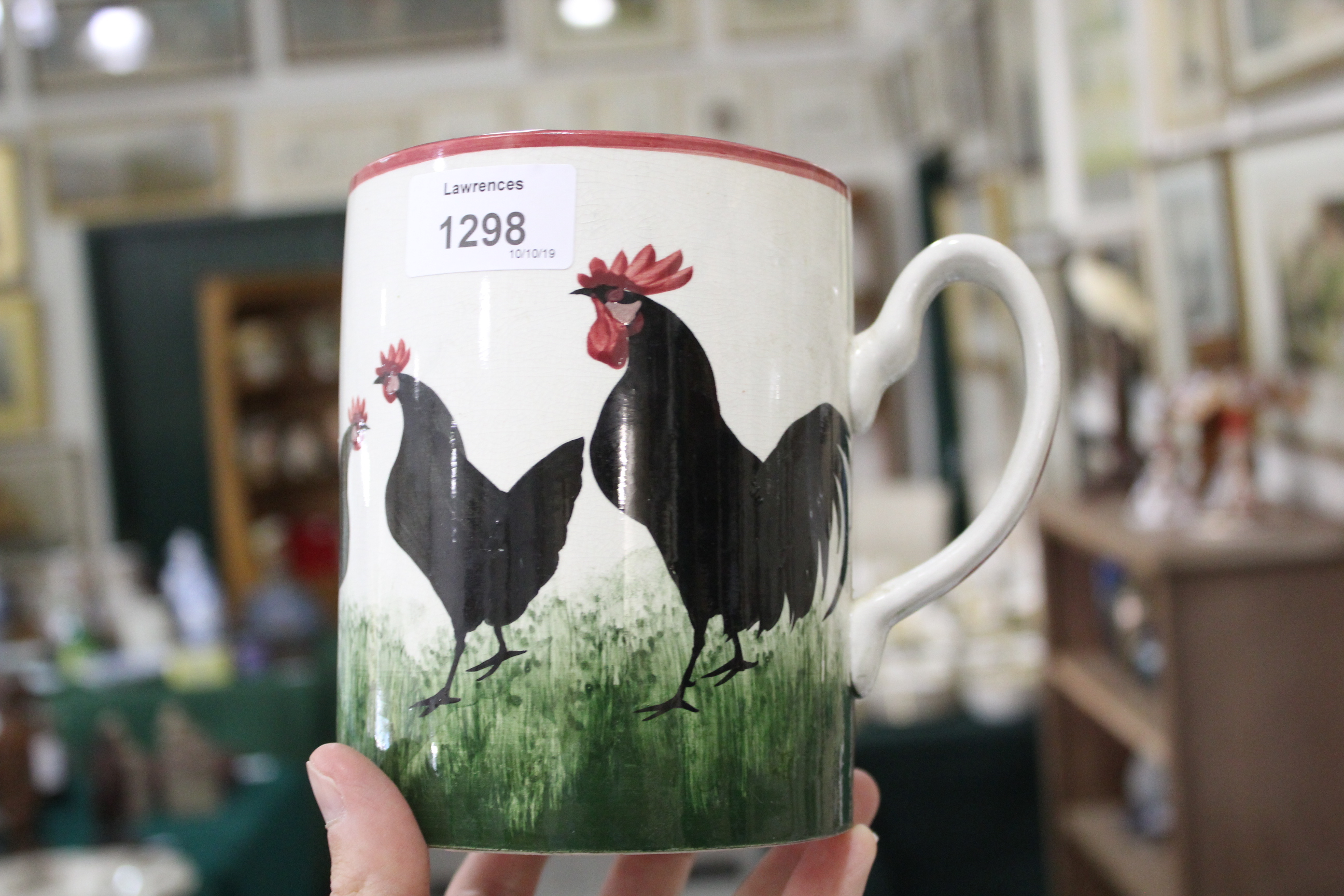 WEMYSS COCKEREL TANKARD a large tankard painted with a band of various Chickens, and with a red - Image 8 of 9