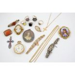 A QUANTITY OF JEWELLERY including a foliate engraved gold open faced pocket watch, a Victorian