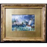 ENGLISH PORCELAIN PLAQUE, mid 19th century, painted with fishermen in rough seas approaching a port,