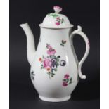 WORCESTER COFFEE POT AND COVER, late 18th century, of baluster form, polychrome painted with