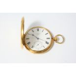 AN 18CT. GOLD FULL HUNTING CASED POCKET WATCH BY E.J. DENT, LONDON the signed white enamel dial with