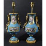 PAIR OF SEVRES STYLE PORCELAIN AND ORMOLU MOUNTED TABLE LAMPS, 19th century but wired for