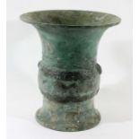 CHINESE BRONZE VASE, with a flaring mouth, swollen waist and spreading foot, with two bands of