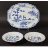 CHINESE BLUE AND WHITE PLATTER, late 18th century, painted with a deer, pine trees, ruyi and a lake,