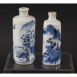 TWO CHINESE BLUE AND WHITE SNUFF BOTTLES, perhaps 18th century, with copper red highlights, with a