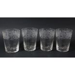 FOUR LARGE TUMBLERS, with moulded sides and stylised floral engraved decoration, 12.5cm (4)