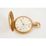 AN 18CT. GOLD HALF HUNTING CASED POCKET WATCH BY PATEK PHILIPPE the white enamel dial with Roman