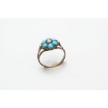 A VICTORIAN TURQUOISE AND HALF PEARL CLUSTER RING of flowerhead form, set with turquoise cabochons