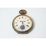 A SWISS GUN METAL OPEN FACED POCKET WATCH the white enamel dial with Roman numerals and date