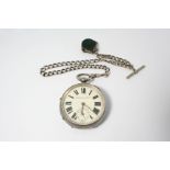 A LARGE SILVER OPEN FACED POCKET WATCH the white enamel dial with Roman numerals and subsidiary