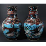 PAIR OF CLOISONNE VASES, later 19th century, of baluster form decorated with a bird of prey