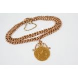 A 9CT. GOLD CURB LINK BRACELET suspending a Napoleon III 20 franc coin, 1866, with pendant mount