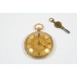 AN 18CT. GOLD OPEN FACED POCKET WATCH the gold dial with foliate engraved decoration and Roman