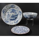 DUTCH DELFT CHARGER, late 18th century, blue painted with a chinoiserie landscape, diameter 33cm;