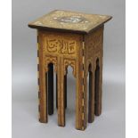 MOORISH OCCASIONAL TABLE possibly retailed by Liberty & Co, the square top inlaid with mother and