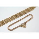 A GOLD GATE LINK BRACELET clasp missing, 14 grams, together with a 9ct. gold curb link bracelet,