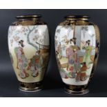 PAIR OF JAPANESE SATSUMA VASES, Meiji, painted with figural scene on a blue and tooled gilt