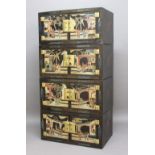 CHINESE LACQUERED FOUR SECTION CABINET, 19th century, each section with a pair of doors decorated