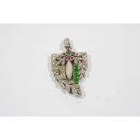 AN ART DECO DIAMOND AND GEM SET PENDANT the foliate openwork design is mounted with circular and